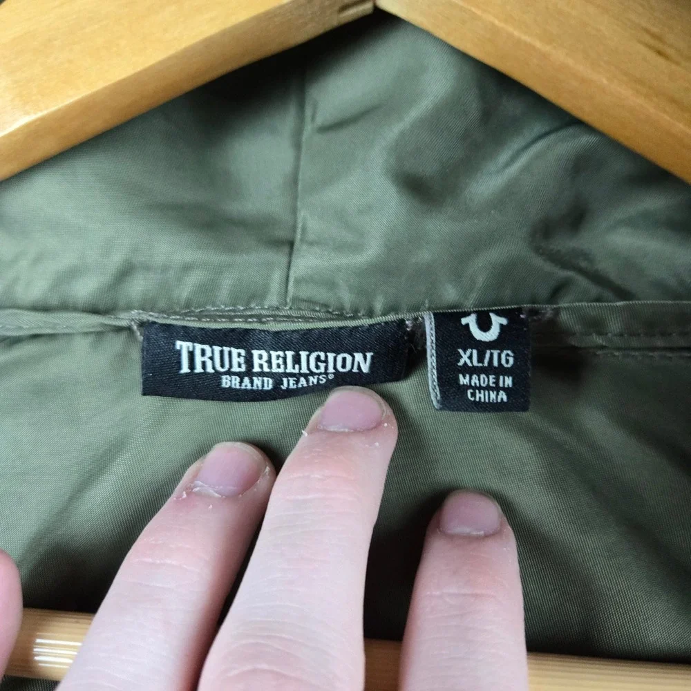 True Religion Windbreaker Jacket Mens XL Green Black Full Zip Hooded Streetwear